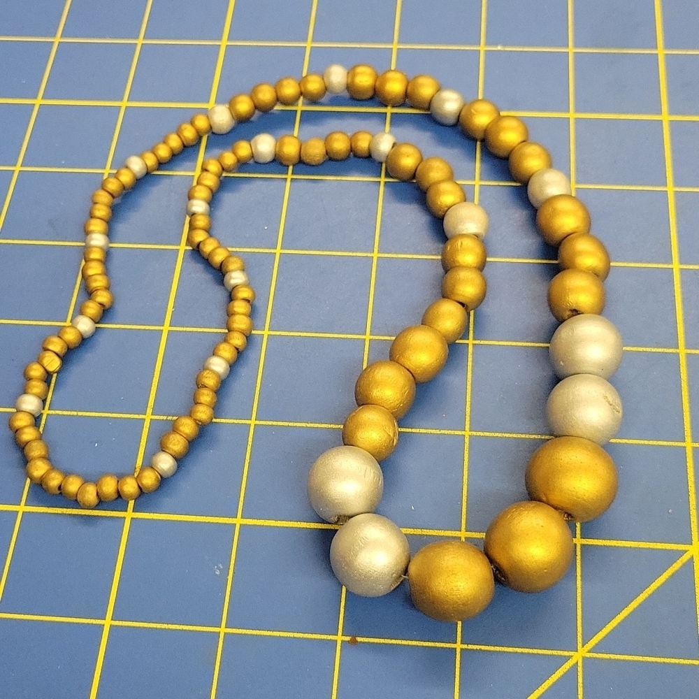Vintage Gold & Silver Wood Beaded 26" Necklace